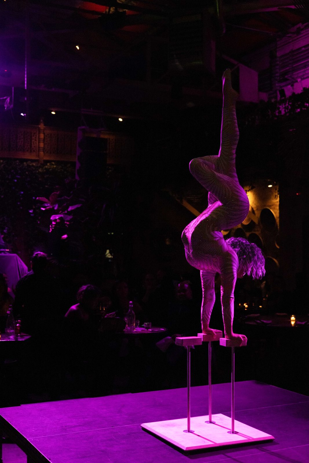 Hand balancing on canes above a purple-lit stage
