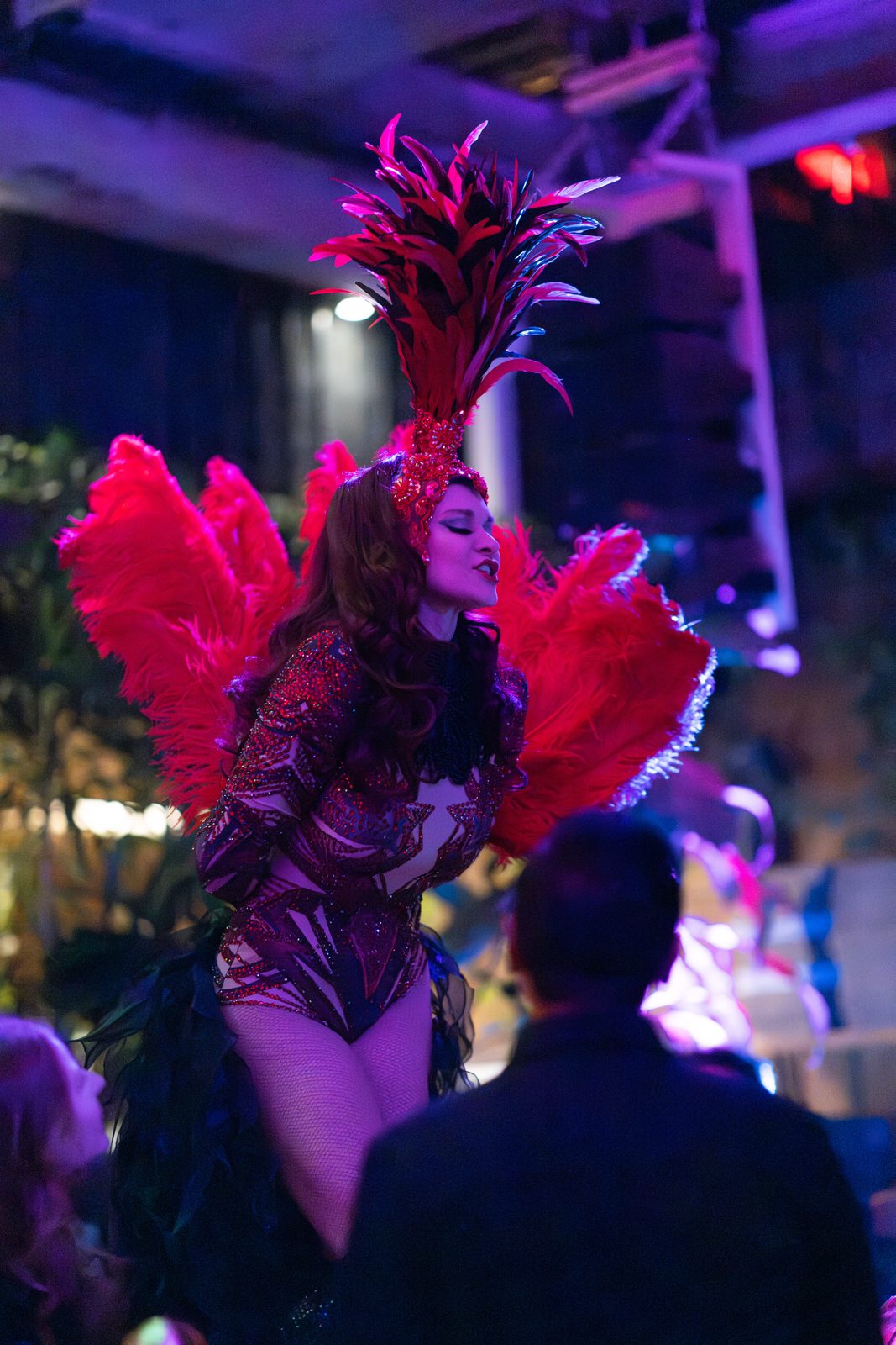 Feathered stilt walker towering over an event crowd